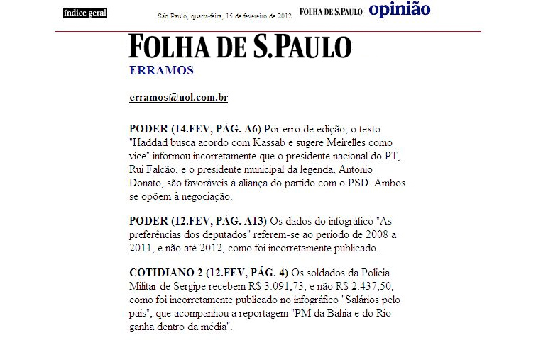Folha de São Paulo publica errata sobre o salário da PM/SE