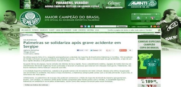  Palmeiras se solidariza com sergipanos feridos em desabamento