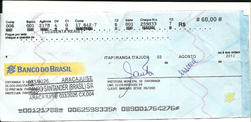 ITAPORANGA: Prefeitura passa cheque sem fundo de R$ 60,00