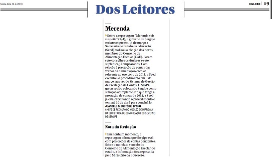 O Globo publica carta com explicação do Governo de Sergipe sobre merenda