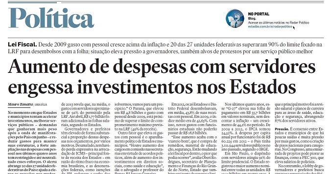 Jornal O Estado de S. Paulo destaca situação financeira difícil de Estados