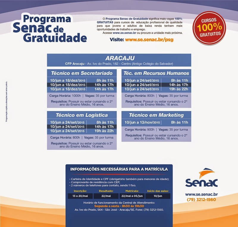 Senac abre inscrições para cursos técnicos gratuitos