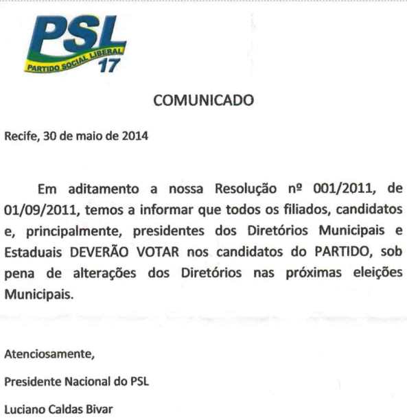 PSL quer todos filiados votando em Zé Milton