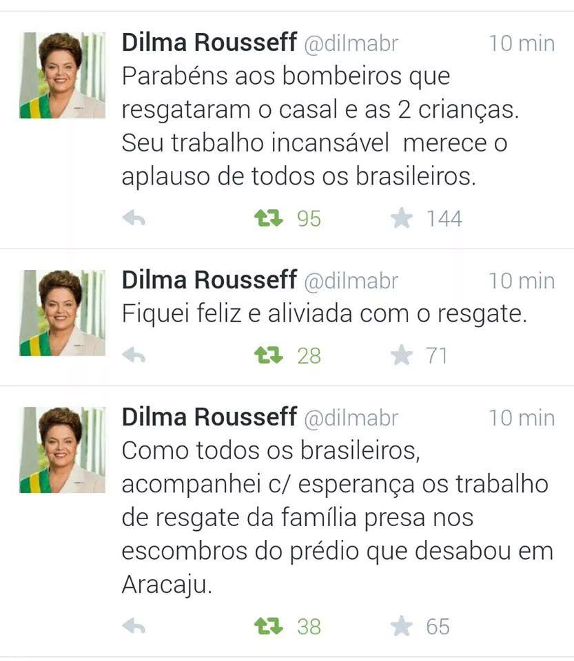 No Twitter, Dilma parabeniza bombeiros por resgate em Aracaju