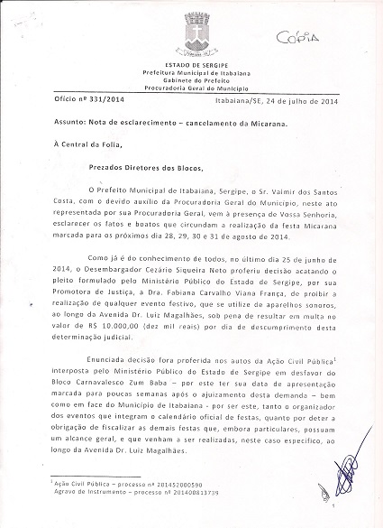 Prefeitura de Itabaiana decide pelo cancelamento da Micarana 2014