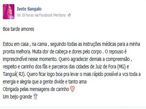  Com dengue, Ivete Sangalo manda mensagem para fãs: 'Muita dor'