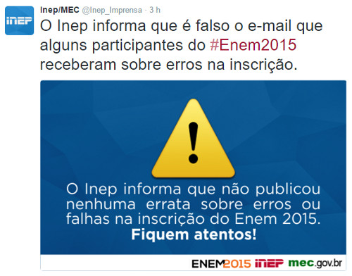 Inep alerta para falsos e-mails enviados para candidatos do Enem