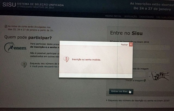 SIsu apresenta problemas e afirma que senha digitada está errada, mesmo tendo sido digitada corretamente. (Foto: Reprodução)