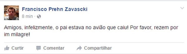 No Facebook, filho de Teori Zavascki confirma que ministro estava no avião que caiu em Paraty (RJ) (Foto: Reprodução/Facebook)