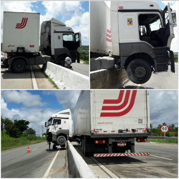 Caminhão subiu na mureta após motorista frear em declive na pista (foto: Orácio Oliveira/SE Notícias)