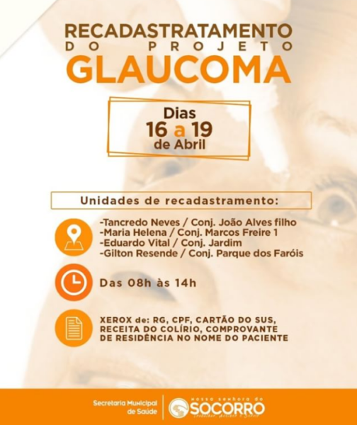 Prefeitura de Socorro fará recadastramento das pessoas que recebem colírio para tratamento do Glaucoma