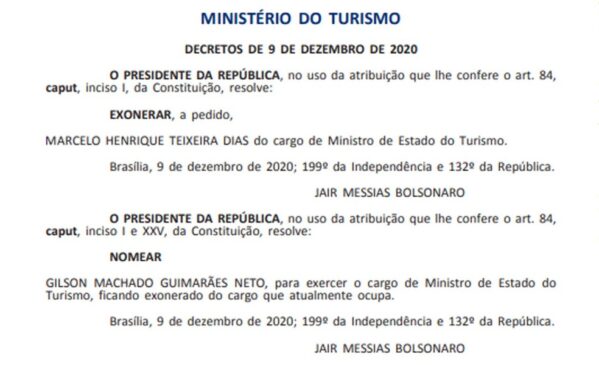 Bolsonaro exonera Marcelo Álvaro Antônio do Ministério do Turismo e nomeia Gilson Machado