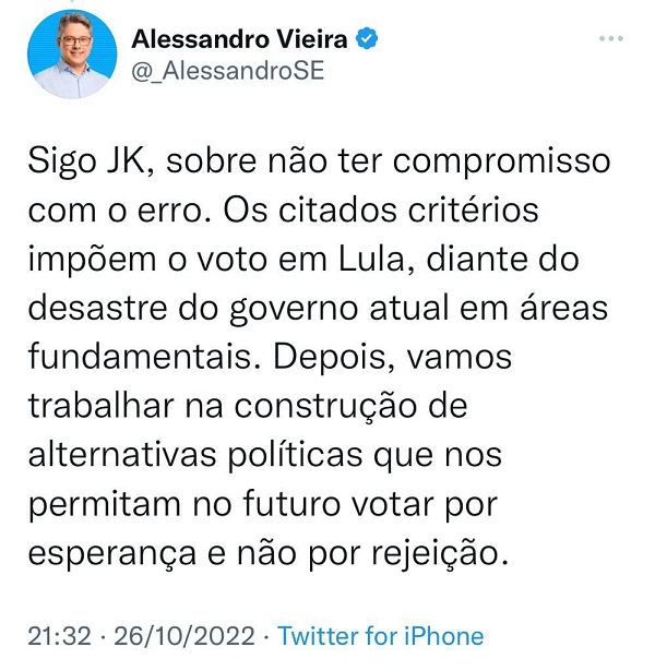 Senador Alessandro Vieira declara apoio a Lula neste 2º turno