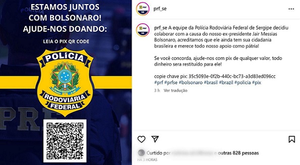 Página da PRF-SE pede doações para ex-presidente Jair Bolsonaro em rede social